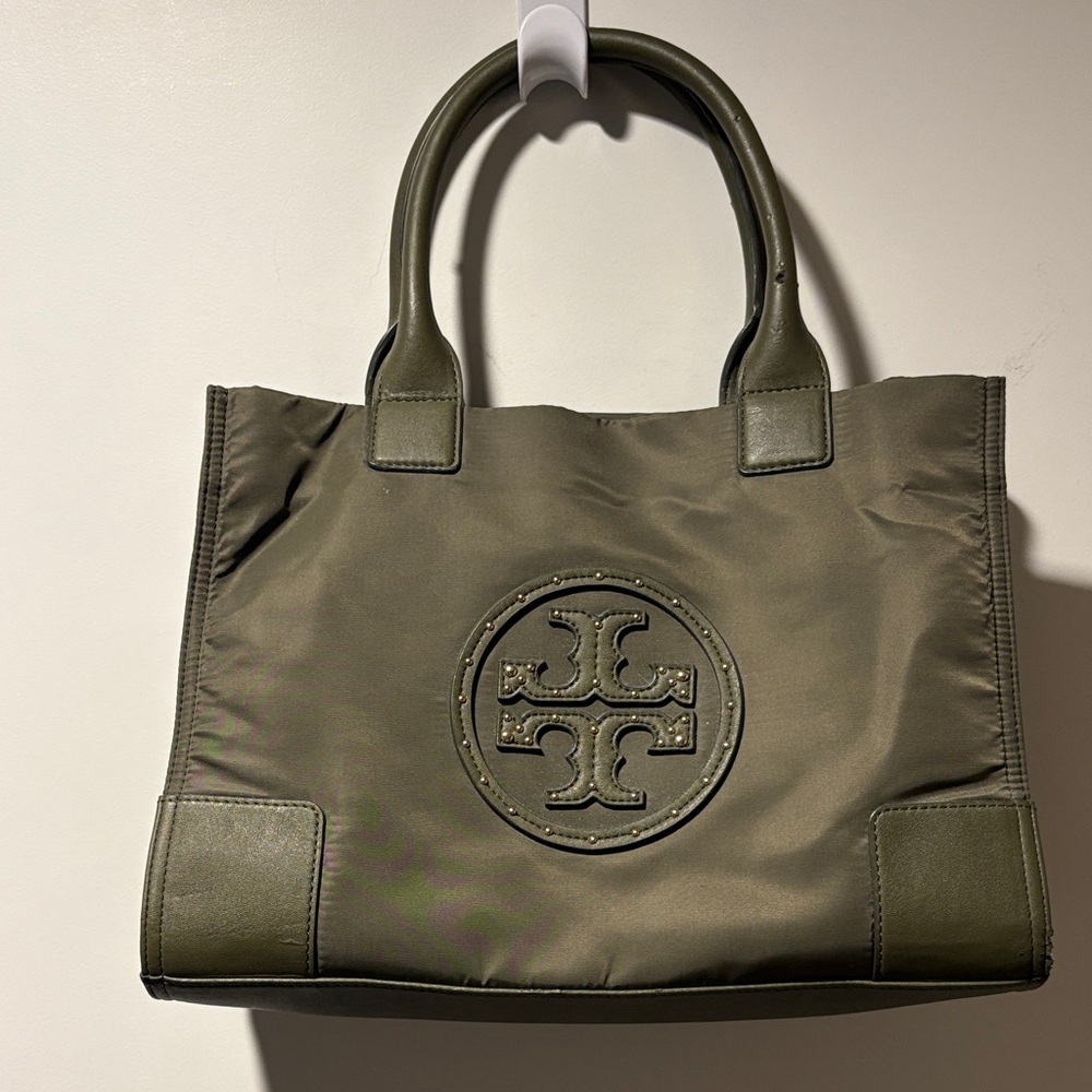 Tory Burch Ella Tote Olive Green Side Snap Closure Logo Detail